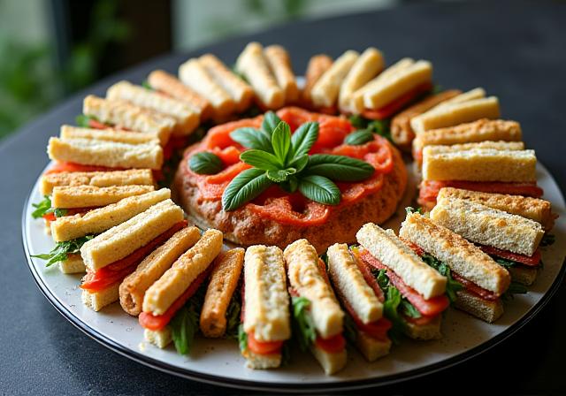 A beautiful catering platter of assorted sandwiches and pastries.