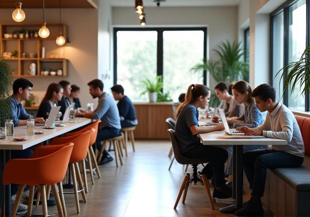People working on laptops in the bright co-working area of Meander Mug.