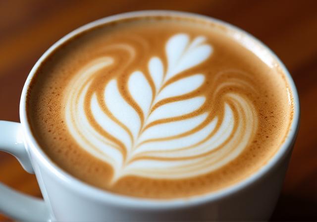 Close-up of a latte with intricate art.