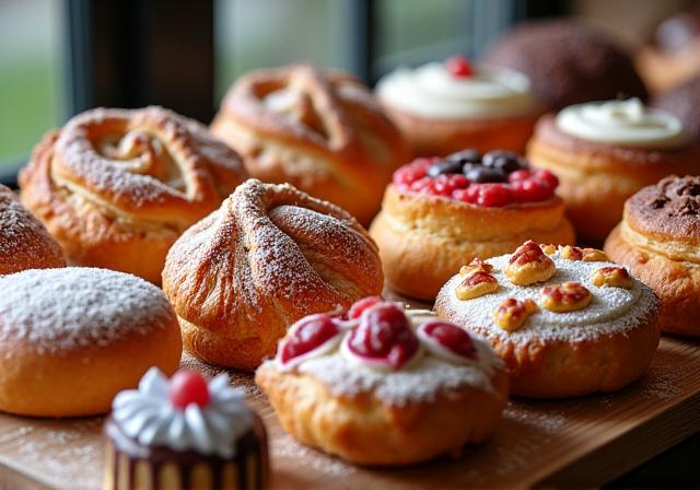 A selection of freshly baked artisanal pastries on display.